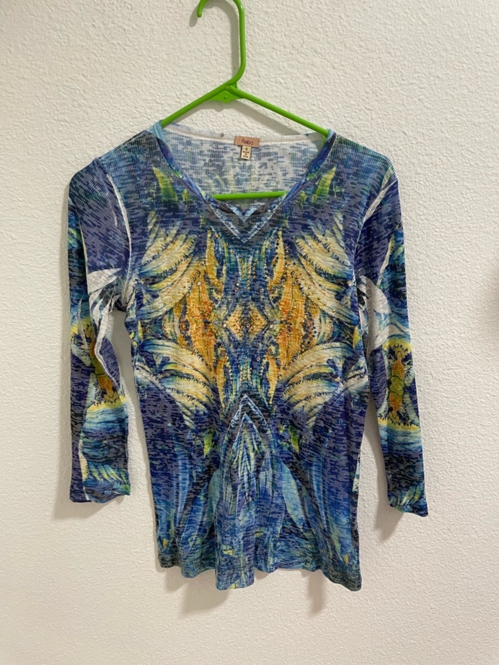 Reba Blue Multicolor Printed Long Sleeve V-Neck Top